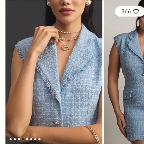 Anthropologie Maeve Sleeveless Tweed Blazer Mini Dress Light Blue NWT Size 8 - Picture 7 of 9